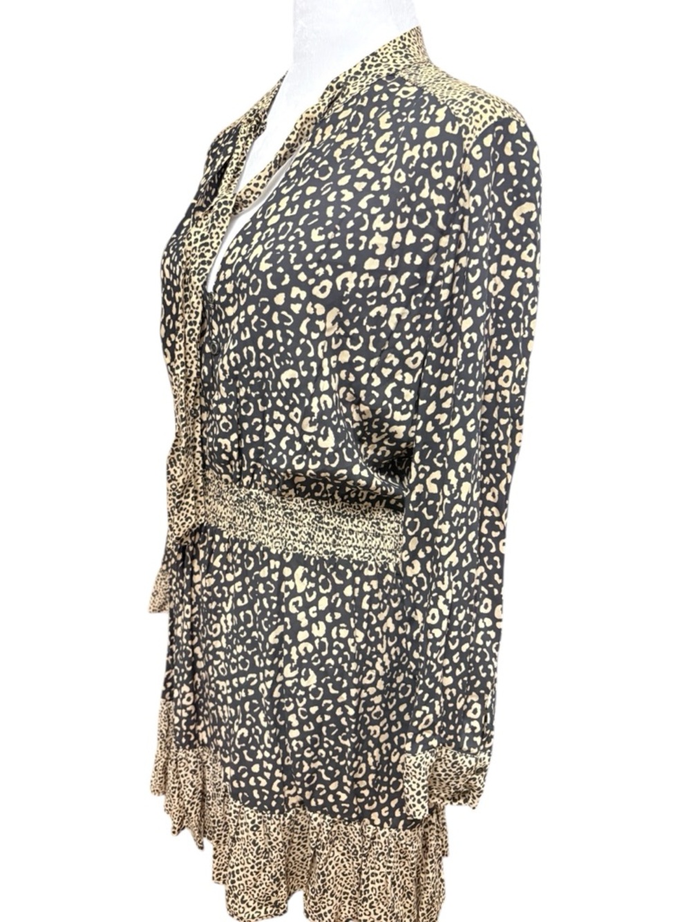 Zara Brown Leopard-Print Tie-Neck Mini Dress Sz Large - Picture 4 of 11